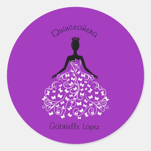 Sticker Rond Phoques Enveloppe Papillon Quinceanera violet (Devant)