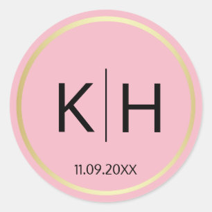 Sticker Rond Phoques Monogrammes Mariage en or à tendance Blush