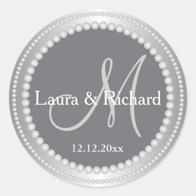 Sticker Rond Phoques Monogrammes Mariages personnalisés gris ar (Devant)