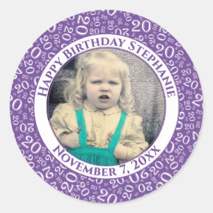 Sticker Rond Photo 20ème motif de nombre aléatoire violet/blanc