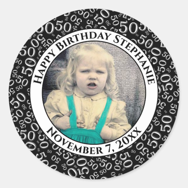 Sticker Rond Photo 50th Party Random Number Motif Black (Devant)