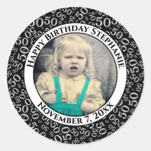 Sticker Rond Photo 50th Party Random Number Motif Black