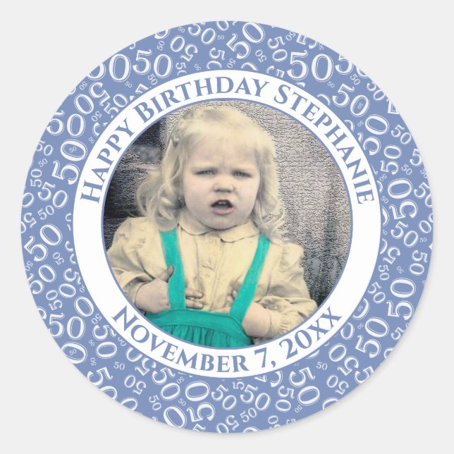 Sticker Rond Photo 50th Party Random Number Motif Blue (Devant)
