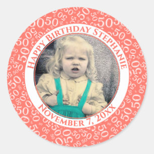 Sticker Rond Photo 50th Party Random Number Motif Coral