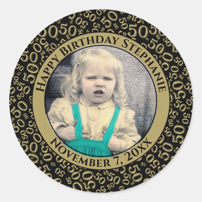 Sticker Rond Photo 50th Party Random Number Motif Gold (Devant)