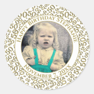 Sticker Rond Photo 50th Party Random Number Motif Gold