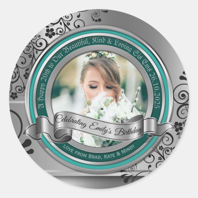 Sticker Rond Photo Argent Flourish Élégante Bannière Turquoise (Devant)