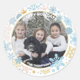 Sticker Rond PHOTO bleue de vacances de Noël de rose de neige