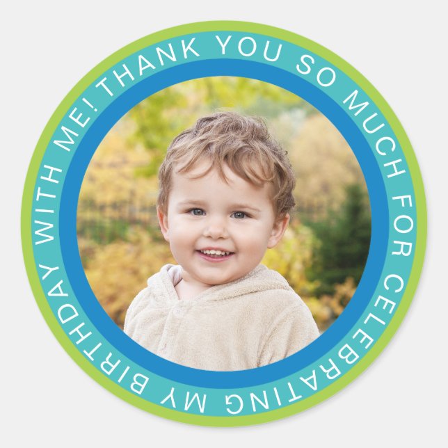 Sticker Rond Photo Blue Green Enfants Merci d'anniversaire (Devant)