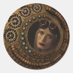Sticker Rond Photo Custom Steampunk Clock Time Metal Gears