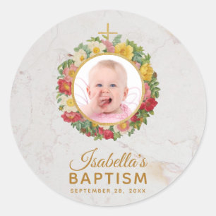 Sticker Rond Photo de baptême de fille dans une couronne de ros