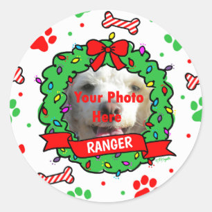 Sticker Rond Photo de chien Motif de couronne de Noël