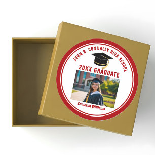 Sticker Rond Photo de diplômé rouge personnalisé Fête de fin d'