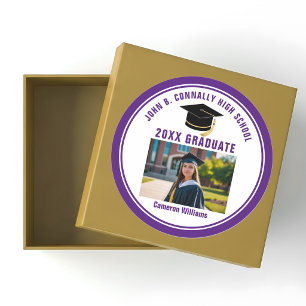Sticker Rond Photo de diplômé violet personnalisé Fête de fin d