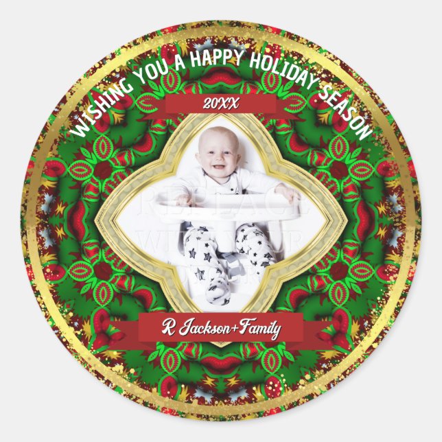 Sticker Rond Photo de famille festive rouge vert or vacances (Devant)
