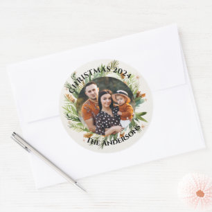 Sticker Rond Photo de famille Feuille verte Joyeux Noël