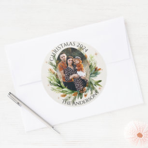 Sticker Rond Photo de famille Feuille verte Joyeux Noël