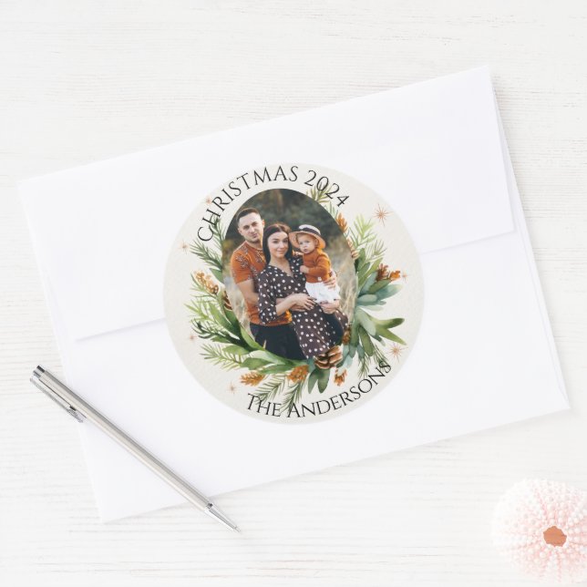 Sticker Rond Photo de famille Feuille verte Joyeux Noël (Enveloppe)