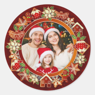 Sticker Rond Photo de famille, pain d'épices et poinsettia de N