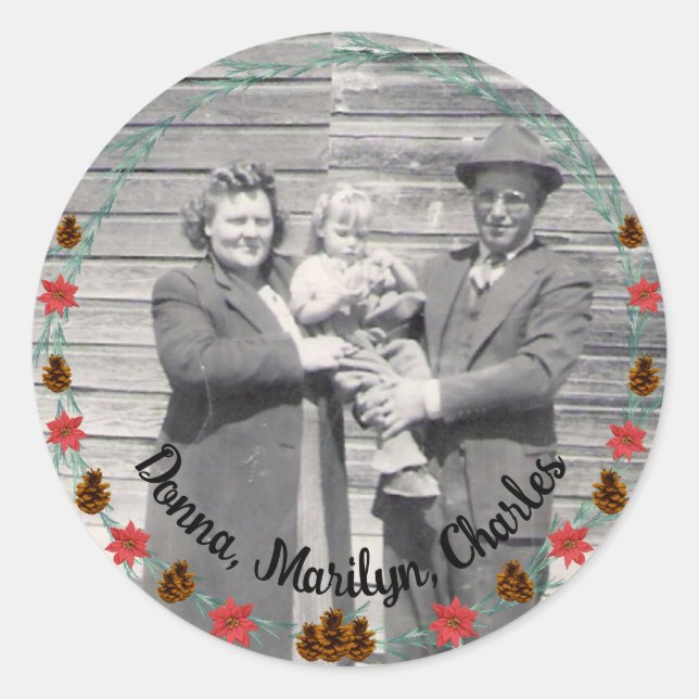 Sticker Rond Photo de famille Pinecones, Boughs, Poinsettias fr (Devant)