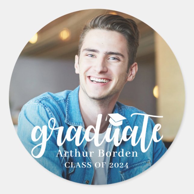 Sticker Rond Photo de Graduation de Script blanc moderne (Devant)
