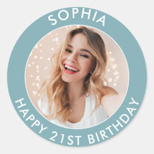 Sticker Rond Photo de Joyeux 21e Anniversaire de Couleur Modern