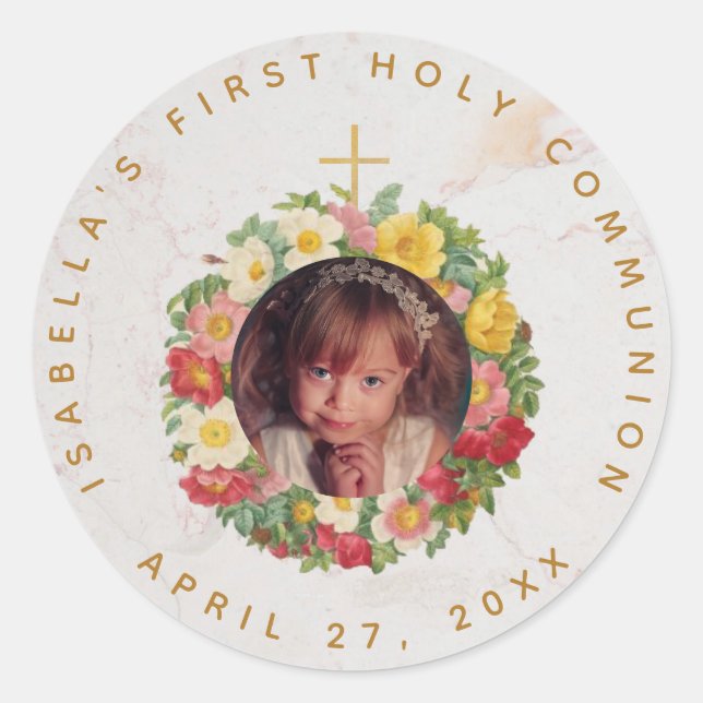 Sticker Rond Photo de la première fille de la communion en marb (Devant)
