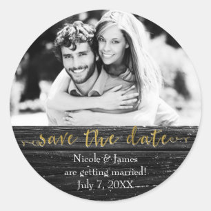 Sticker Rond Photo de mariage rustique glamour Bois noir SAVE T