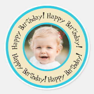 Sticker Rond Photo de naissance ronde personnalisée beige et tu