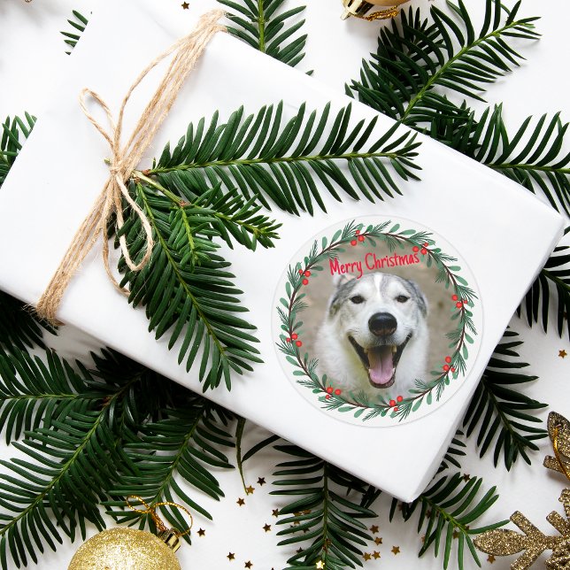 Sticker Rond Photo de Noël Holly Wreath (Dog stickers)
