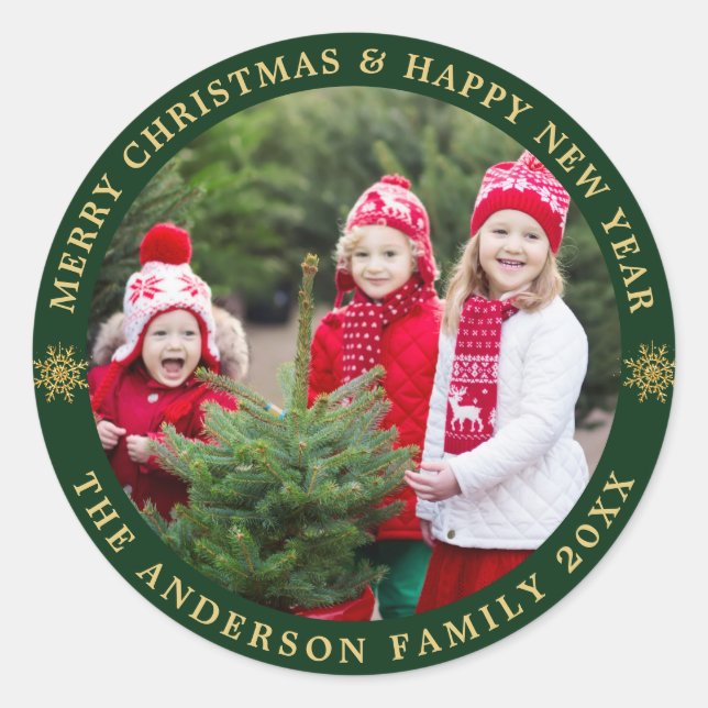 Sticker Rond Photo de Noël Joyeux Vert et Doré (Devant)