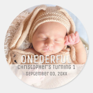 Sticker Rond Photo de premier anniversaire Onederful minimalist