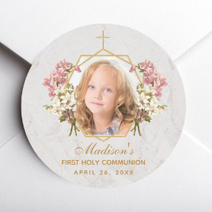 Sticker Rond Photo de Première Communion Fille Orchidée Rose Fl