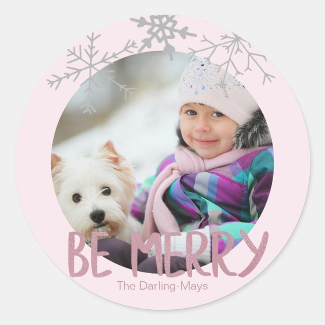Sticker Rond Photo de vacances Soyez Joyeux Noël Pink Snowflake (Devant)