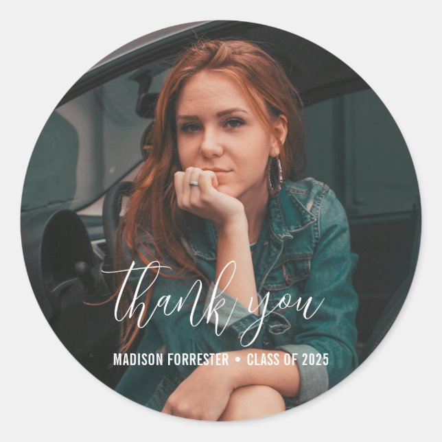Sticker Rond Photo du diplôme | Élégant script de Merci (Devant)