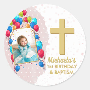 Sticker Rond Photo en or du Baptême d'anniversaire de Girl Pin