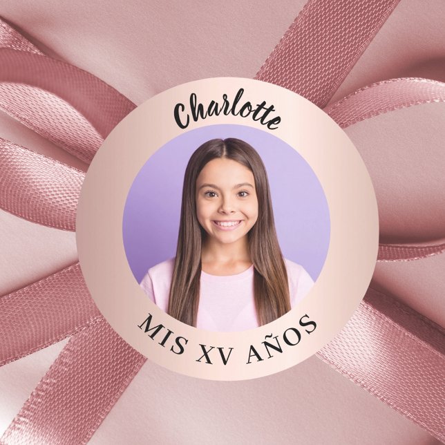 Sticker Rond Photo en or rose Quinceanera (Créateur téléchargé)