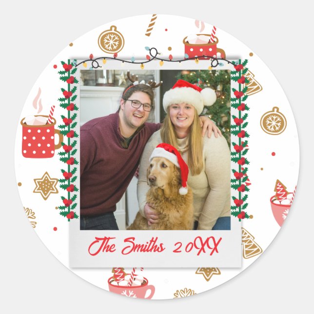 Sticker Rond Photo et nom personnalisés Joyeux Noël personnalis (Devant)