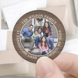 Sticker Rond Photo et Rustic Barn Wood Round Adresse de retour