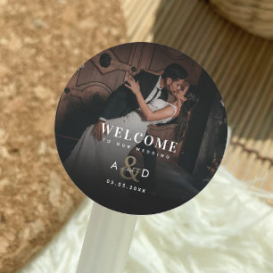 Sticker Rond Photo foncée Gold Ampersand Mariage Bienvenue Favo