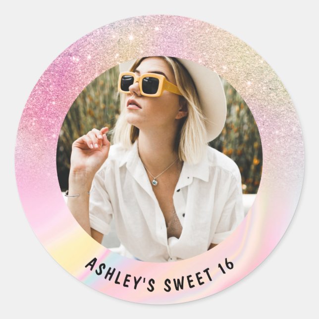 Sticker Rond Photo girly chic parties scintillant rose marbre S (Devant)