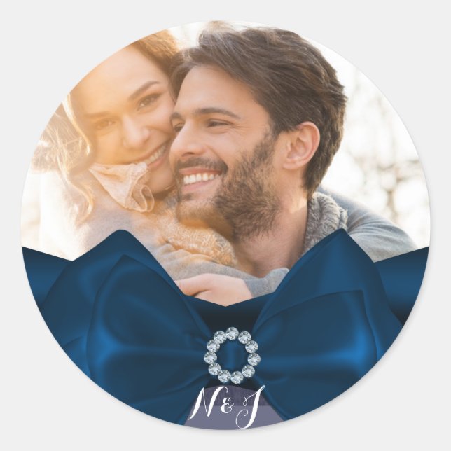Sticker Rond Photo Glam Royal Blue Bow Wedding Favor (Devant)