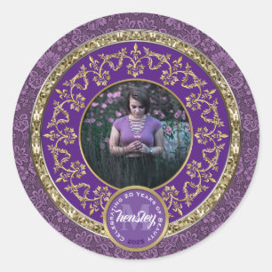Sticker Rond Photo Gold Classic Damask Commemorative Purple