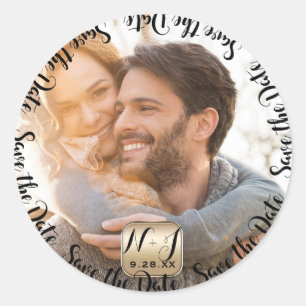 Sticker Rond Photo Gold Moderne Enregistrer la date Mariage