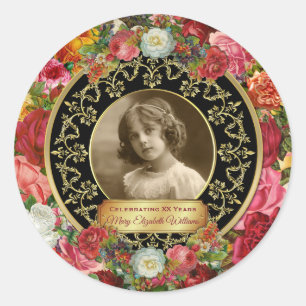 Sticker Rond Photo Gold Roses magnifiques commémoratif Black On