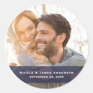 Sticker Rond Photo Image Bleu Cadeau de Mariage Moderne Personn