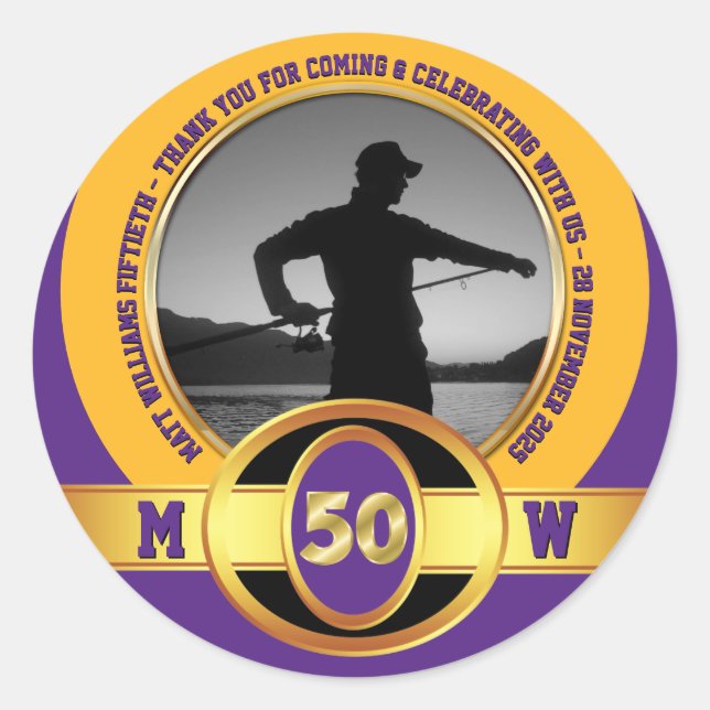 Sticker Rond Photo Jalon Anniversaire 50ème Purple Gold Black (Devant)