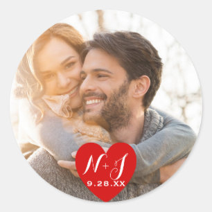 Sticker Rond Photo Moderne Rouge Coeur Mariage Faveur