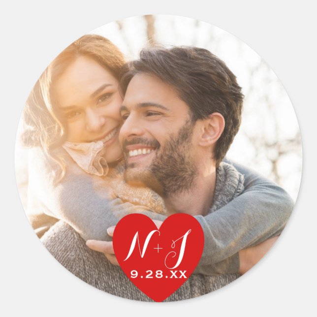 Sticker Rond Photo Moderne Rouge Coeur Mariage Faveur (Devant)