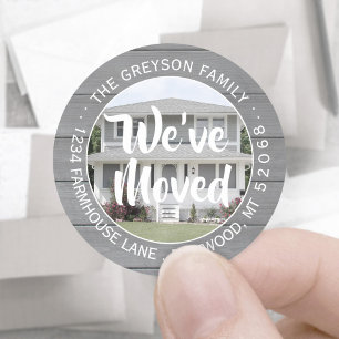 Sticker Rond Photo Nous avons déménagé Gray Wood Adresse de ret